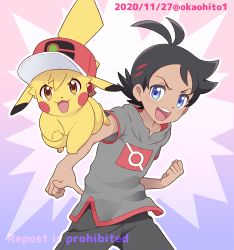 Rule 34 | 1boy, :d, animalization, antenna hair, artist name, ash ketchum, black hair, blue eyes, clenched hand, clothed pokemon, commentary, creatures (company), dated, eyelashes, game freak, gen 1 pokemon, goh (pokemon), hair ornament, highres, male focus, nintendo, okaohito1, open mouth, outline, pants, pikachu, pointing, pokemon, pokemon (anime), pokemon (creature), pokemon journeys, short sleeves, side slit, smile, teeth, tongue