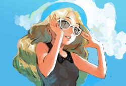 Rule 34 | 1girl, absurdres, adjusting eyewear, bare arms, blonde hair, breasts, cloud, collared shirt, commentary, creatures (company), day, game freak, grey eyes, hands up, highres, l 1753ucon, long hair, looking to the side, nintendo, outdoors, pokemon, pokemon xy, serena (pokemon), shirt, sky, sleeveless, sleeveless shirt, smile, solo, sunglasses, upper body, white-framed eyewear