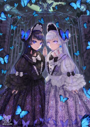 Rule 34 | 2girls, absurdres, albino, black bow, black dress, black hair, black headwear, black vs white, blue butterfly, blue eyes, bonnet, bow, bug, butterfly, butterfly hat ornament, dress, earrings, feet out of frame, flower earrings, frilled sleeves, frills, full moon, gate, gothic lolita, hat ornament, highres, insect, jewelry, lace, layered sleeves, light particles, lolita fashion, long hair, long sleeves, looking at viewer, mirror opposites, moon, multiple girls, night, original, palms together, puffy sleeves, purple eyes, purple lips, sangatsu (mitsuki358), skirt hold, skull, smile, symmetry, white bow, white dress, white hair, white headwear