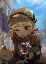 Rule 34 | 1girl, blonde hair, blue sky, blunt bangs, bow, brown eyes, brown hat, building, cat, day, detective, glasses, glint, gloves, hat, kneeling, looking down, magnifying glass, one eye closed, open mouth, original, osakanaya3, outdoors, pink bow, single glove, sky, solo, twintails