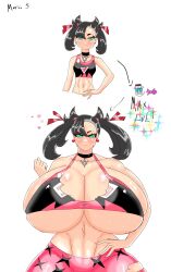 Rule 34 | 1girl, blush, bottle, breast expansion, breasts, choker, cleavage, creatures (company), curvy, earrings, female focus, game freak, gigantic breasts, green eyes, growth, hair ribbon, hand on own hip, heart, highres, jewelry, looking at viewer, marco cordoba, marnie (pokemon), medium hair, milk bottle, navel, nintendo, pokemon, pokemon swsh, ribbon, skindentation, solo, sweat, thick thighs, thighs, torn clothes, twintails, underboob, wide hips