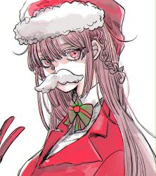 Rule 34 | 1girl, bow, bowtie, braid, fake facial hair, fake mustache, fate/grand order, fate (series), florence nightingale (fate), florence nightingale (santa) (fate), gloves, hat, highres, matimatio, pink eyes, pink hair, santa hat, solo, v, white background