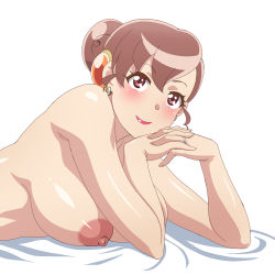 Rule 34 | 1girl, breasts, brown hair, earrings, female focus, highres, hinata yume&#039;s mother, jewelry, lipstick, looking at viewer, lying, makeup, makino tomoyasu, mature female, mewkledreamy, nipples, nude, ring, smile, wedding ring