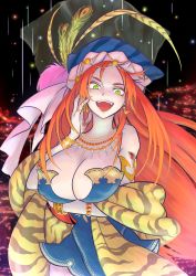 Rule 34 | 1girl, bracelet, breasts, cat eyes, cleavage, earrings, green eyes, hat, hat feather, highres, isabella (seiken densetsu 3), jewelry, large breasts, laughing, long hair, looking at viewer, necklace, orange hair, seiken densetsu, seiken densetsu 3, solo, tagme, tooth necklace