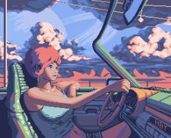 Rule 34 | 1girl, animated, animated gif, artist name, breasts, cloud, day, dice, driving, hby stuff, looking at viewer, midriff, mirror, navel, outdoors, pixel art, planet, power lines, short hair, shorts, small breasts, solo, steering wheel, wind, windshield