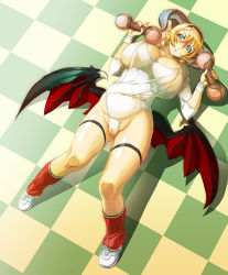 Rule 34 | 1girl, blonde hair, blue eyes, breasts, cameltoe, checkered floor, demon girl, demon wings, dumbbell, floor, from above, horns, huge breasts, leg warmers, low wings, mammon (sin nanatsu no taizai), mammon (the seven deadly sins), mature female, official art, on floor, plump, shoes, sin nanatsu no taizai, sneakers, solo, the seven deadly sins, thigh strap, thighs, wings, wristband
