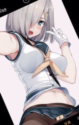 Rule 34 | 10s, 1girl, akasaai, armpit peek, armpits, black pantyhose, blue eyes, blush, breasts, buttons, cowboy shot, crotch seam, gloves, hair ornament, hair over one eye, hairclip, hamakaze (kancolle), highres, kantai collection, large breasts, looking at viewer, navel, neckerchief, open mouth, pantyhose, reaching, reaching towards viewer, school uniform, selfie, serafuku, short hair, short sleeves, silver hair, simple background, solo, upper body, v, white gloves, yellow neckerchief