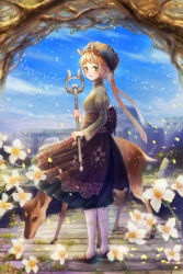 Rule 34 | 10s, 1girl, animal, animal ears, apron, blonde hair, blue sky, chain chronicle, cloud, day, deer, flower, forest, green eyes, hat, hat ribbon, highres, juliet sleeves, long sleeves, nature, original, pantyhose, petals, puffy sleeves, ribbon, ruins, shirt, skirt, sky, solo, staff, sugi, waist apron