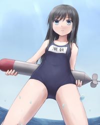 Rule 34 | 10s, 1girl, alternate costume, asashio (kancolle), bad id, bad pixiv id, bare arms, black hair, blue eyes, day, from below, holding, kantai collection, long hair, looking at viewer, ocean, one-piece swimsuit, school swimsuit, sky, solo, swimsuit, torpedo, yuyuzuki (yume usagi)