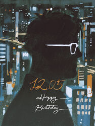 Rule 34 | 1boy, akaashi keiji, chengongzi123, cityscape, commentary, dated, facing to the side, glasses, haikyuu!!, happy birthday, highres, male focus, portrait, short hair, silhouette, symbol-only commentary, very short hair
