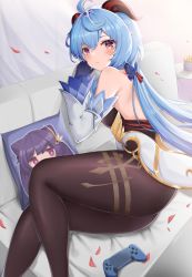 Rule 34 | 1girl, absurdres, ahoge, ass, back, backless outfit, bare shoulders, black gloves, black pantyhose, blue hair, blush, bow, bowtie, breasts, controller, couch, curled horns, detached sleeves, ganyu (genshin impact), genshin impact, gloves, gold trim, highres, horns, joystick, keqing (genshin impact), long hair, looking at viewer, low ponytail, lying, multicolored eyes, on side, pantyhose, petals, pillow, shi zhuzi da, solo, thighlet, thighs, very long hair, waist cape, white sleeves