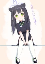 Rule 34 | 1girl, absurdres, animal ears, black dress, black footwear, black hair, blue archive, blunt bangs, china dress, chinese clothes, dress, green eyes, hazumu-kagi, highres, long hair, looking at viewer, mary janes, shoes, short sleeves, shun (blue archive), shun (small) (blue archive), sitting, solo, thighhighs, tiger ears, tiger girl, twintails, white thighhighs