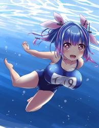 Rule 34 | 10s, 1girl, blue hair, fang, hair ribbon, i-19 (kancolle), kantai collection, name tag, one-piece swimsuit, ribbon, school swimsuit, shinjitsu, shinjitsu (true ride), solo, star-shaped pupils, star (symbol), swimsuit, symbol-shaped pupils, tri tails, underwater