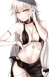 Rule 34 | 1girl, bad id, bad twitter id, bare shoulders, bikini, black bikini, braid, breasts, cleavage, collarbone, fate/grand order, fate (series), hair between eyes, heroic spirit festival outfit, highres, jeanne d&#039;arc (fate), jeanne d&#039;arc alter (fate), jeanne d&#039;arc alter (festival outfit) (fate), jewelry, ka1se1, large breasts, long hair, looking at viewer, low-tied long hair, navel, necklace, official alternate costume, sarong, silver hair, sky, slit pupils, smile, solo, swimsuit, thighs, very long hair, white background, yellow eyes