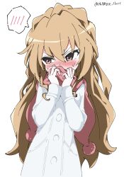 Rule 34 | 1girl, absurdres, aisaka taiga, averting eyes, blush, brown eyes, brown hair, coat, commentary, covering own mouth, cowboy shot, embarrassed, hair between eyes, hands up, highres, long hair, long sleeves, pink scarf, scarf, simple background, solo, speech bubble, spoken blush, sweatdrop, toradora!, twitter username, white background, white coat, white gorilla (okamoto), winter clothes