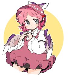 Rule 34 | 1girl, animal ears, bird wings, blush, brown dress, collared dress, cowboy shot, dress, feathered wings, frilled dress, frilled sleeves, frills, grey eyes, hat, highres, ini (inunabe00), juliet sleeves, long sleeves, looking at viewer, mystia lorelei, own hands together, pink hair, puffy sleeves, purple dress, purple hat, short hair, simple background, sleeve garter, solo, touhou, two-tone background, white background, white sleeves, white wings, wings, yellow background