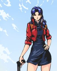 Rule 34 | 1girl, absurdres, black dress, blue sky, breasts, cross, cross necklace, dress, gun, hand on own hip, highres, holding, holding gun, holding weapon, jacket, jewelry, katsuragi misato, lips, long hair, looking at viewer, lupuwulf, medium breasts, necklace, neon genesis evangelion, open clothes, open jacket, outdoors, red jacket, short dress, sky, solo, standing, weapon, white background, wide hips