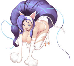 Rule 34 | 1girl, absurdres, animal ears, animal hands, ass, blue eyes, blue hair, breasts, breasts squeezed together, cat ears, cat girl, cat tail, cleavage, felicia (vampire), highres, large breasts, long hair, miyamoya, solo, tail, vampire (game)