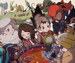 Rule 34 | 3boys, 3girls, :d, beanie, black hoodie, brown eyes, brown hair, cardigan, closed eyes, closed mouth, coalossal, collared shirt, commentary request, creatures (company), curry, dark-skinned female, dark skin, drednaw, dress, earrings, flygon, food, game freak, gen 1 pokemon, gen 3 pokemon, gen 8 pokemon, genzou (me genzo), gloria (pokemon), gordie (pokemon), green eyes, green headwear, grey cardigan, grey headwear, hat, headband, heart, heart hands, holding, hood, hood down, hoodie, inteleon, jewelry, ladle, lapras, melony (pokemon), multiple boys, multiple girls, nessa (pokemon), nintendo, open mouth, orange headband, paddle, pink dress, pokemon, pokemon (creature), pokemon swsh, raihan (pokemon), red shirt, rillaboom, scarf, shirt, smile, sparkle, table, tam o&#039; shanter, teeth, upper teeth only, victor (pokemon)
