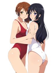 Rule 34 | 2girls, arm grab, ass, asymmetrical docking, breast press, breasts, brown hair, cleavage, collarbone, cowboy shot, from side, hibike! euphonium, highres, kousaka reina, long hair, looking at viewer, looking to the side, medium breasts, medium hair, multiple girls, one-piece swimsuit, open mouth, oumae kumiko, purple eyes, red one-piece swimsuit, sbel02, simple background, swimsuit, torso grab, white background, white one-piece swimsuit, yellow eyes