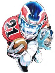 Rule 34 | 2boys, american football, american football (object), american football helmet, american football uniform, ball, cleaned, clenched hand, eyeshield 21, gloves, helmet, highres, holding, holding ball, kobayakawa sena, looking at viewer, male focus, multiple boys, murata yuusuke, official art, open mouth, reaching, reaching towards viewer, running, scan, shoulder pads, simple background, sportswear, sweat, traditional media, white background