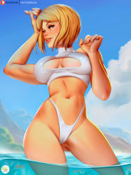 Rule 34 | 1girl, adapted costume, artist name, bikini, blonde hair, breasts, breasts apart, cleavage, cleavage cutout, clothing cutout, contrapposto, day, dc comics, didi esmeralda, gluteal fold, grey eyes, highleg, highleg bikini, large breasts, lips, looking at viewer, muscular, muscular female, nail polish, navel, nose, ocean, outdoors, parted lips, power girl, short hair, sky, smile, solo, standing, superman (series), swimsuit, toned, turtleneck, white bikini