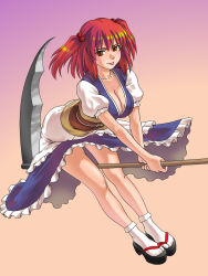 Rule 34 | 1girl, :p, breasts, cleavage, female focus, hair bobbles, hair ornament, highres, large breasts, mem (ten tain), onozuka komachi, red eyes, red hair, sandals, scythe, short hair, socks, solo, tofu juuji, tongue, tongue out, touhou, twintails, two side up