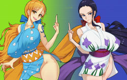 Rule 34 | 2girls, 47 hard, :o, black hair, blue eyes, bouncing breasts, bow, breasts, closed mouth, female focus, gradient background, groin, hair bow, hair slicked back, head tilt, highres, huge breasts, index finger raised, japanese clothes, kimono, legs, long hair, looking at viewer, matching hair/eyes, multiple girls, nami (one piece), nico robin, no panties, obi, one piece, open mouth, orange eyes, orange hair, pussy, red bow, sash, shoulder tattoo, simple background, smile, standing, tattoo, thighs, unaligned breasts, uncensored