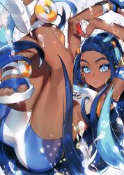 Rule 34 | 1girl, absurdres, armlet, armpits, arms up, bikini, black hair, blue eyes, blue hair, breasts, creatures (company), dark-skinned female, dark skin, earrings, eyeliner, game freak, gloves, gym leader, hair bun, highres, holding, holding poke ball, hoop earrings, jewelry, legs up, long hair, looking at viewer, makeup, medium breasts, mika pikazo, multicolored hair, necklace, nessa (pokemon), nintendo, parted lips, poke ball, poke ball (basic), pokemon, pokemon swsh, sandals, scan, shorts, signature, single glove, single hair bun, solo, swimsuit, tankini, thighs, toes, water