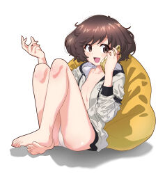 Rule 34 | 1girl, :d, akiyama yukari, alternate costume, barefoot, bean bag chair, blush, breasts, brown eyes, brown hair, cellphone, collarbone, crossed legs, dorsiflexion, eyelashes, feet, full body, girls und panzer, grey jacket, hands up, highres, holding, holding phone, hood, hooded jacket, jacket, knees up, leaning back, legs, legs together, long legs, looking to the side, medium hair, messy hair, nail polish, no bra, no pants, open clothes, open jacket, open mouth, panties, phone, pink nails, shadow, shiina excel, shiny skin, simple background, small breasts, smartphone, smile, solo, spread toes, swept bangs, thighs, toe scrunch, toenail polish, toenails, toes, underwear, white background, white panties