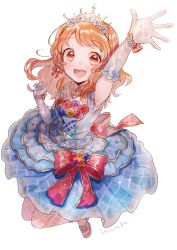 Rule 34 | 1girl, :d, aikatsu!, aikatsu! (series), arm up, armpits, back bow, blush, bow, bow earrings, braid, brown eyes, crown braid, dress, dress bow, earrings, fishnet legwear, fishnets, flower, from above, full body, gloves, hair flower, hair ornament, hanako151, heart, heart necklace, highres, idol, jewelry, long hair, necklace, ozora akari, open mouth, pearl necklace, round teeth, signature, simple background, sleeveless, sleeveless dress, smile, solo, teeth, tiara, upper teeth only, white background