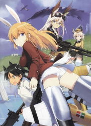 Rule 34 | 4girls, ahoge, aircraft, airplane, animal ears, ass, bird tail, black hair, blonde hair, blue eyes, cat ears, cat tail, charlotte e. yeager, fang, flat ass, francesca lucchini, garrison cap, goggles, goggles around neck, goggles on head, green eyes, gun, hanna-justina marseille, hat, head wings, highres, long hair, military, military uniform, multiple girls, neuroi, official art, open mouth, orange hair, panties, rabbit ears, rabbit girl, rabbit tail, raisa pottgen, scan, scan artifacts, shimada fumikane, short hair, strike witches, striker unit, tail, twintails, underwear, uniform, water, weapon, white panties, wings, witches of africa, world witches series