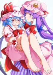 2girls barefoot bat_wings blue_bow blue_hair bow carrying carrying_person closed_eyes commentary_request commission crescent crescent_hat_ornament dress eichi_yuu fangs feet hair_bow hat hat_ornament hat_ribbon long_hair looking_at_another mob_cap multiple_girls patchouli_knowledge pink_hat pink_shirt pixiv_commission puffy_short_sleeves puffy_sleeves purple_eyes purple_hair red_bow red_eyes red_ribbon remilia_scarlet ribbon shirt short_hair short_sleeves simple_background sleeve_bow smile striped_clothes striped_dress touhou white_background wings yuri