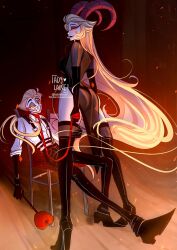 1boy 1girl adylaineart black_leotard blonde_hair boots couple demon_boy demon_girl demon_horns floating_hair hazbin_hotel high_heel_boots high_heels highres horns leotard lilith_(hazbin_hotel) long_hair lucifer_morningstar_(hazbin_hotel) sharp_teeth teeth very_long_hair