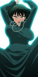 Rule 34 | 1girl, arms up, bead necklace, beads, black hair, breasts, dress, fubuki (one-punch man), green dress, green eyes, jewelry, large breasts, medium hair, mike inel, necklace, one-punch man, open mouth, solo, spread legs, transparent background