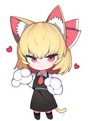 Rule 34 | 1girl, :3, absurdres, animal ear fluff, animal ears, animal hands, blonde hair, bow, cat ears, cat tail, closed mouth, commentary request, full body, gloves, hair between eyes, hair bow, heart, hh, highres, kneehighs, korean commentary, looking at viewer, necktie, paw gloves, paw pose, red bow, red eyes, red necktie, rumia, short hair, simple background, smug, socks, solo, standing, tail, touhou, v-shaped eyebrows, white background
