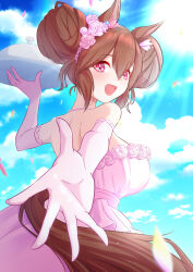 Rule 34 | 1girl, absurdres, alternate costume, animal ears, bare shoulders, bead necklace, beads, blue sky, breasts, brown hair, clothing cutout, commentary request, cowboy shot, dress, ear ornament, elbow gloves, eve on k, falling petals, frilled dress, frills, from behind, gloves, hair between eyes, highres, hishi akebono (umamusume), holding, holding tray, horse ears, horse girl, horse tail, jewelry, large breasts, lens flare, medium hair, nape, necklace, open mouth, outstretched arm, petals, pink dress, pink gloves, red eyes, sky, smile, solo, strapless, strapless dress, tail, tail through clothes, tray, umamusume