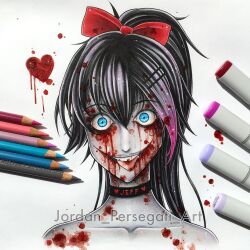 1girl art_tools_in_frame black_choker black_hair blood blood_in_hair blood_on_face blood_on_neck bloody_tears blue_eyes bow choker clothes_writing collarbone colored_pencil_(medium) colored_skin commentary copic_(brand) creepypasta cropped_shoulders english_commentary glasgow_smile gradient_hair grey_skin hair_bow heart high_ponytail instagram_username jordan_persegati long_hair looking_at_viewer marker_(medium) multicolored_hair nina_the_killer open_mouth pink_hair ponytail red_bow simple_background smile solo teeth tongue tongue_out traditional_media two-tone_hair upper_teeth_only wide-eyed yandere