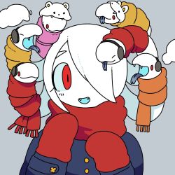Rule 34 | 1girl, earmuffs, fangs, grey background, hair over one eye, hands up, highres, living hair, long sleeves, mittens, open mouth, orange scarf, original, panapana, peone (panapana), pink scarf, red eyes, red mittens, red scarf, scarf, smile, snake hair, solo, white hair, yellow scarf