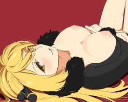 Rule 34 | 1girl, agemono, bad id, bad pixiv id, blonde hair, blush, bottomless, breasts, creatures (company), crossed arms, cynthia (pokemon), female pubic hair, fur trim, game freak, grin, hair between eyes, hair ornament, hair over one eye, hair spread out, large breasts, legs up, long hair, looking at viewer, lying, mature female, nintendo, nipples, no bra, oekaki, on back, open clothes, parted lips, pixel art, pokemon, pubic hair, puffy nipples, red background, seductive smile, simple background, smile, solo, thigh gap, yellow eyes