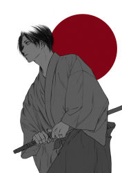 Rule 34 | 1boy, baggy clothes, bags under eyes, black hair, fighting stance, japanese clothes, japanese flag, jewelry, jujutsu kaisen, katana, kimono, male focus, okkotsu yuuta, parted bangs, ring, short hair, solo, solo focus, sword, weapon, wedding ring, white background