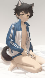Rule 34 | 1boy, absurdres, animal ears, ankle bell, anklet, bad id, bad pixiv id, bandaid, bandaid on face, bandaid on hand, barefoot, bell, black hair, blush, brown eyes, dog boy, dog ears, dog tail, extra ears, grey background, highres, jewelry, jingle bell, looking at viewer, luye yuan, male focus, male swimwear, navel, nipples, one-piece swimsuit, original, seiza, simple background, sitting, solo, swim briefs, swimsuit, tail, white male swimwear, white one-piece swimsuit, white swim briefs