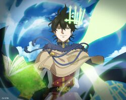 Rule 34 | 1boy, belt, black clover, black clover m: rise of the wizard king, black hair, blue cape, blue sky, book, brown capelet, brown eyes, cape, capelet, cloud, full body, fur-trimmed capelet, fur trim, gold buttons, golden dawn (emblem), green eyes, grimoire, heterochromia, high collar, highres, looking at viewer, magic, male focus, official art, open book, pants, red shirt, shirt, sky, smile, solo, two-tone shirt, upper body, white pants, white shirt, yuno (black clover)