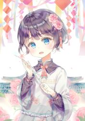 Rule 34 | 1girl, :d, bad id, bad pixiv id, blue eyes, blush, bow, commentary, commission, english commentary, flower, frilled shirt, frills, hair flower, hair ornament, head tilt, holding, long sleeves, looking at viewer, open mouth, original, pink flower, pink rose, purple hair, qlakwnd, red bow, rose, shirt, short hair, smile, solo, upper body, white background, white shirt, wide sleeves