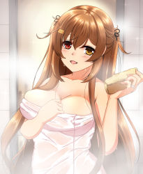 Rule 34 | 1girl, absurdres, bathroom, breasts, brown eyes, cleavage, collarbone, heterochromia, highres, holding, holding sponge, indoors, kantai collection, large breasts, long hair, looking at viewer, murasame (kancolle), murasame kai ni (kancolle), naked towel, open mouth, red eyes, shigatsu (soratobuusagi), smile, solo, sponge, towel, twintails, two side up, wet, wet towel