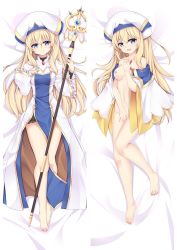 Rule 34 | 1girl, bare legs, barefoot, bed sheet, blonde hair, blue eyes, bottomless, breasts, closed mouth, collarbone, covering privates, covering crotch, dakimakura (medium), female focus, from above, full body, goblin slayer!, hair between eyes, hat, holding, holding staff, long hair, long sleeves, looking at viewer, lying, medium breasts, moeanime, nail polish, navel, nipples, on back, open mouth, pink nails, priestess (goblin slayer!), smile, split screen, staff, toenail polish, toenails, very long hair, wavy mouth, white headwear