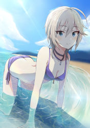 Rule 34 | 10s, 1girl, all fours, anastasia (idolmaster), ass, bad id, bad pixiv id, beach, bikini, blue eyes, breasts, butt crack, day, gradient background, idolmaster, idolmaster cinderella girls, idolmaster cinderella girls starlight stage, keikesu, looking at viewer, medium breasts, outdoors, partially submerged, short hair, silver hair, smile, soaking feet, solo, swimsuit, water
