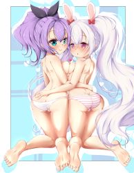 Rule 34 | 2girls, absurdres, animal ears, ass, azur lane, bare legs, barefoot, blush, bow, breasts, butt crack, closed mouth, dimples of venus, ether core, fake animal ears, feet, from behind, hair bow, hair ribbon, hand on another&#039;s ass, heart, highres, javelin (azur lane), kneepits, laffey (azur lane), long hair, looking at viewer, looking back, lowleg, lowleg panties, multiple girls, outside border, panties, rabbit ears, ribbon, small breasts, smile, soles, striped clothes, striped panties, thighs, toes, topless, twintails, underwear, underwear only, very long hair, white panties