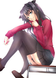 Rule 34 | 1girl, aqua eyes, bad id, bad pixiv id, black hair, black thighhighs, blue eyes, bow, desk, fate/stay night, fate (series), finger to mouth, hair bow, highres, long hair, long legs, on desk, pokimari, shoe dangle, shoes, shushing, simple background, sitting, on desk, skirt, smile, solo, thighhighs, tohsaka rin, two side up