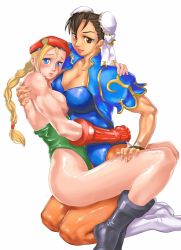Rule 34 | 2girls, artist request, bare shoulders, beret, blonde hair, blue eyes, blush, breast press, breasts, brown hair, bun cover, cammy white, capcom, chinese clothes, chun-li, cleavage, covered erect nipples, double bun, green leotard, hat, highleg, highleg leotard, highres, hug, leotard, multiple girls, muscular, pantyhose, sideboob, street fighter, topless, twintails, waist grab, white background, yuri